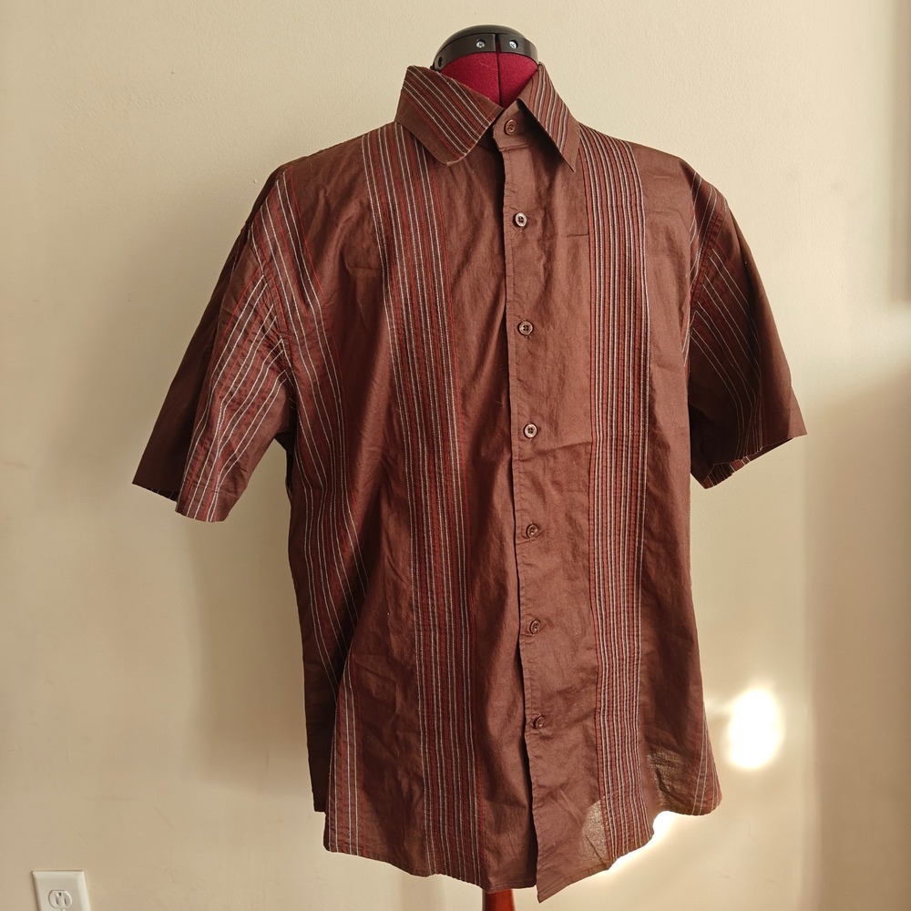 7 Diamonds Men's Button Down Shirt Brown‎ Pleated Contrasting Stitch XXL Retro